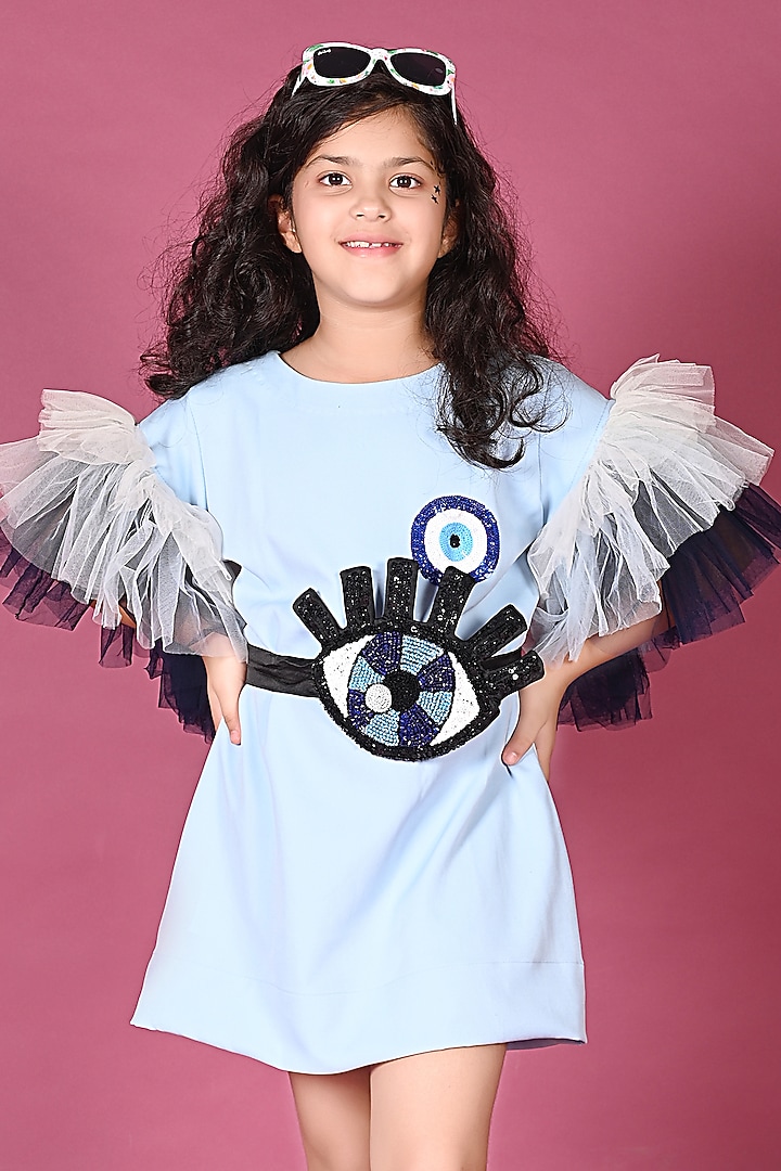 Ice Blue Japanese & Net Evil Eye Hand Embroidered Dress For Girls by MISS NAKHREBAAZ at Pernia's Pop Up Shop