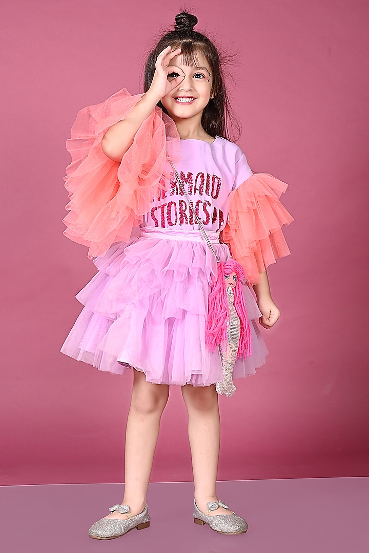 Lavender Japanese Fabric & Net Skirt Set For Girls by MISS NAKHREBAAZ
