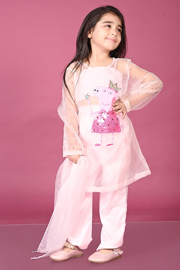 Baby Pink Organza Hand Embroidered Kurta Set For Girls by MISS NAKHREBAAZ at Pernia's Pop Up Shop