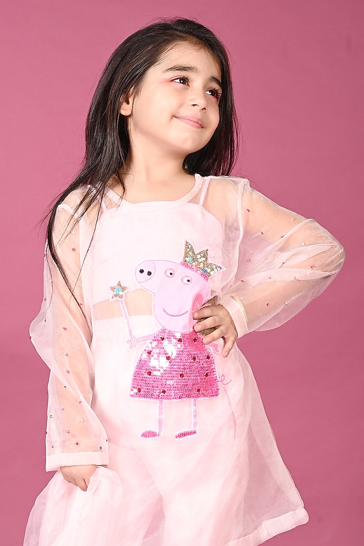 Baby Pink Organza Hand Embroidered Kurta Set For Girls by MISS NAKHREBAAZ at Pernia's Pop Up Shop