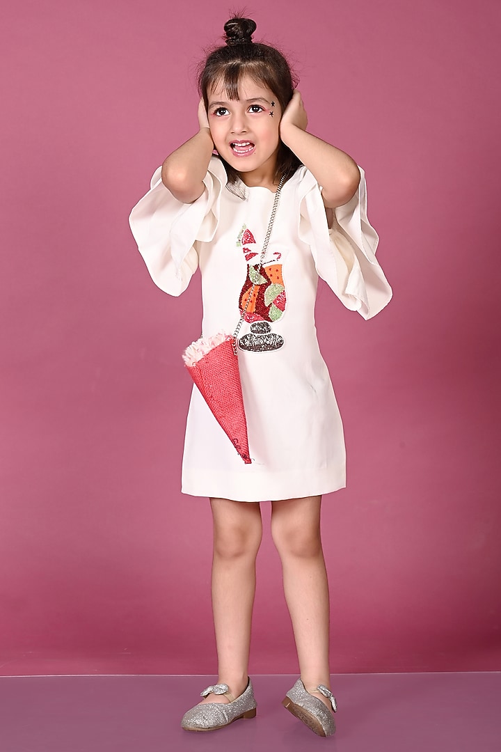 White Japanese Fabric Hand Embroidered Dress For Girls by MISS NAKHREBAAZ at Pernia's Pop Up Shop