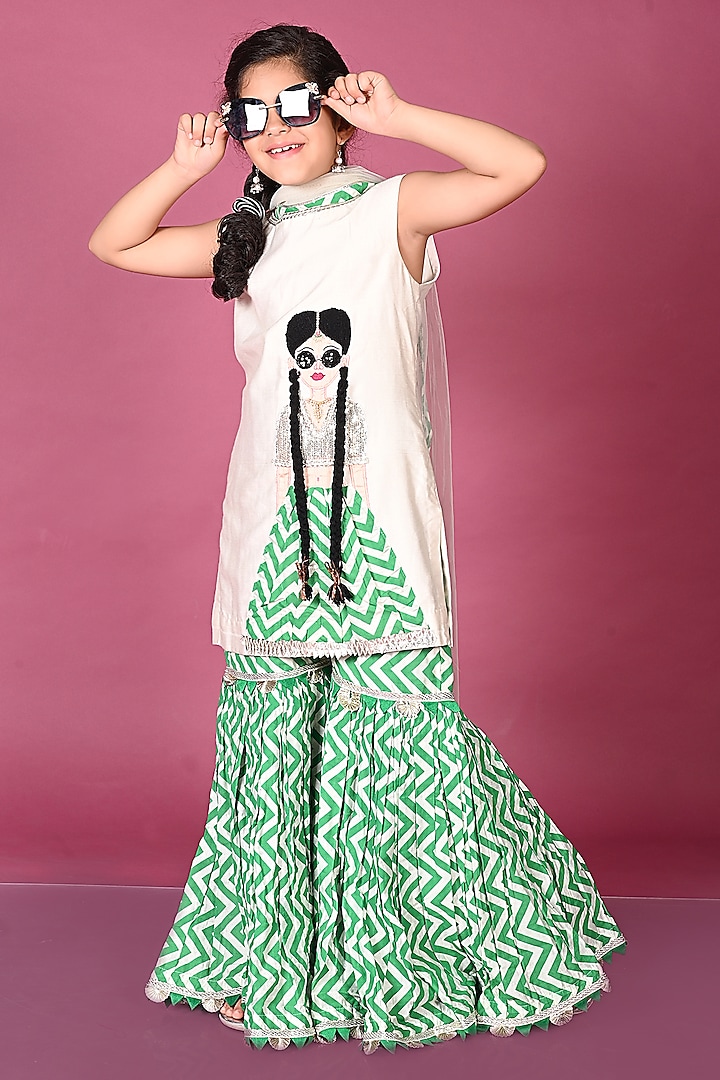 White & Green Cotton Patch Work Kurta Set For Girls by MISS NAKHREBAAZ