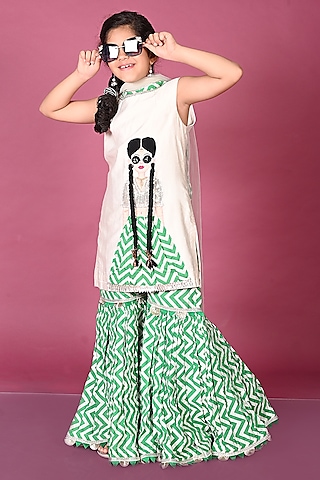 White & Green Cotton Patch Work Kurta Set For Girls by MISS NAKHREBAAZ