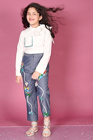 White & Blue Denim Hand Embroidered Co-Ord Set by MISS NAKHREBAAZ