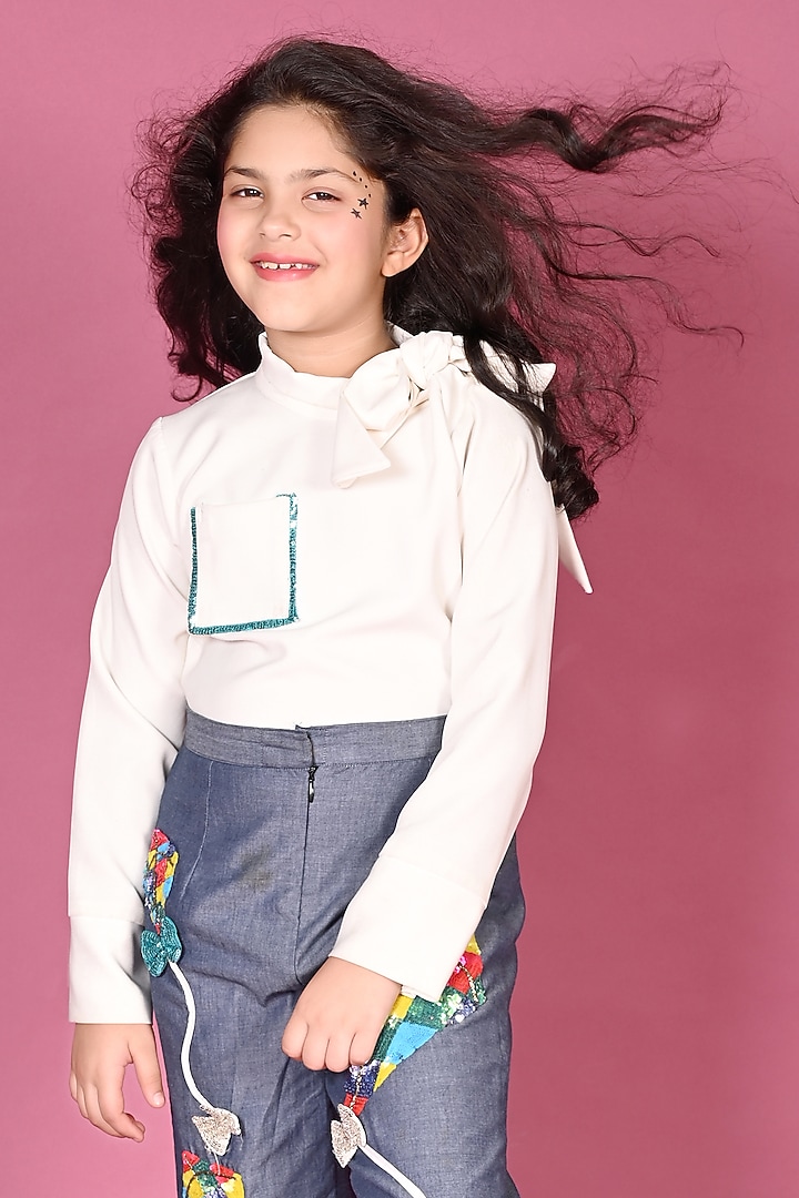 White & Blue Denim Hand Embroidered Co-Ord Set by MISS NAKHREBAAZ at Pernia's Pop Up Shop