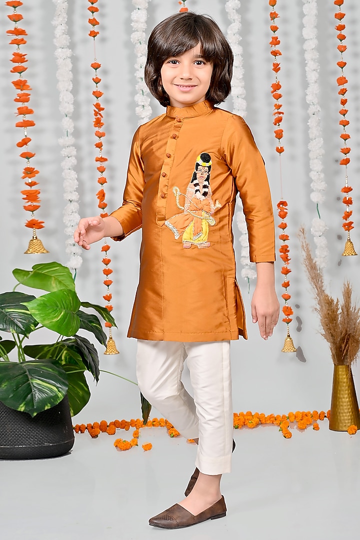 Rust Orange Silk Motif Hand Embroidered Kurta Set For Boys by MISS NAKHREBAAZ