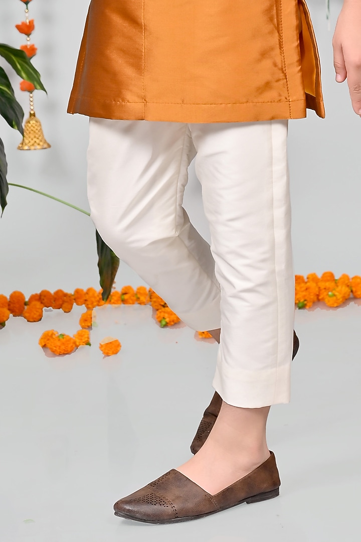 Rust Orange Silk Motif Hand Embroidered Kurta Set For Boys by MISS NAKHREBAAZ at Pernia's Pop Up Shop