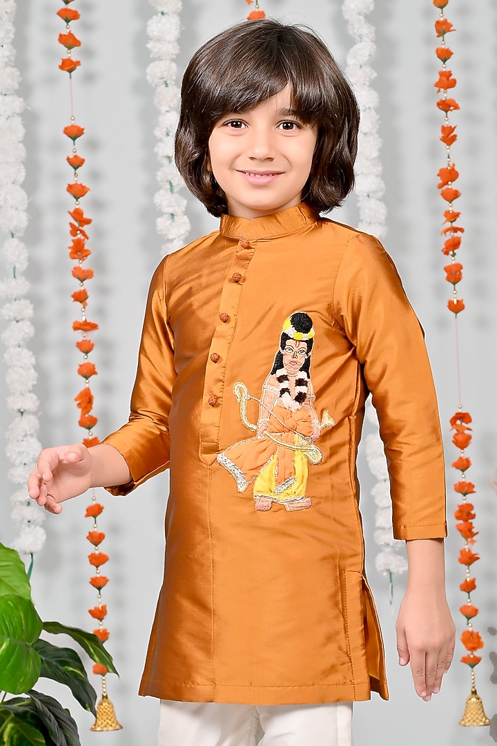 Rust Orange Silk Motif Hand Embroidered Kurta Set For Boys by MISS NAKHREBAAZ at Pernia's Pop Up Shop