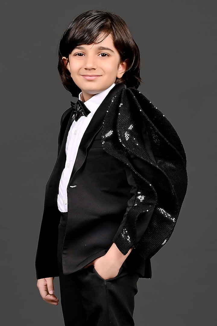 Black Cotton Blazer Set For Boys by MISS NAKHREBAAZ at Pernia's Pop Up Shop