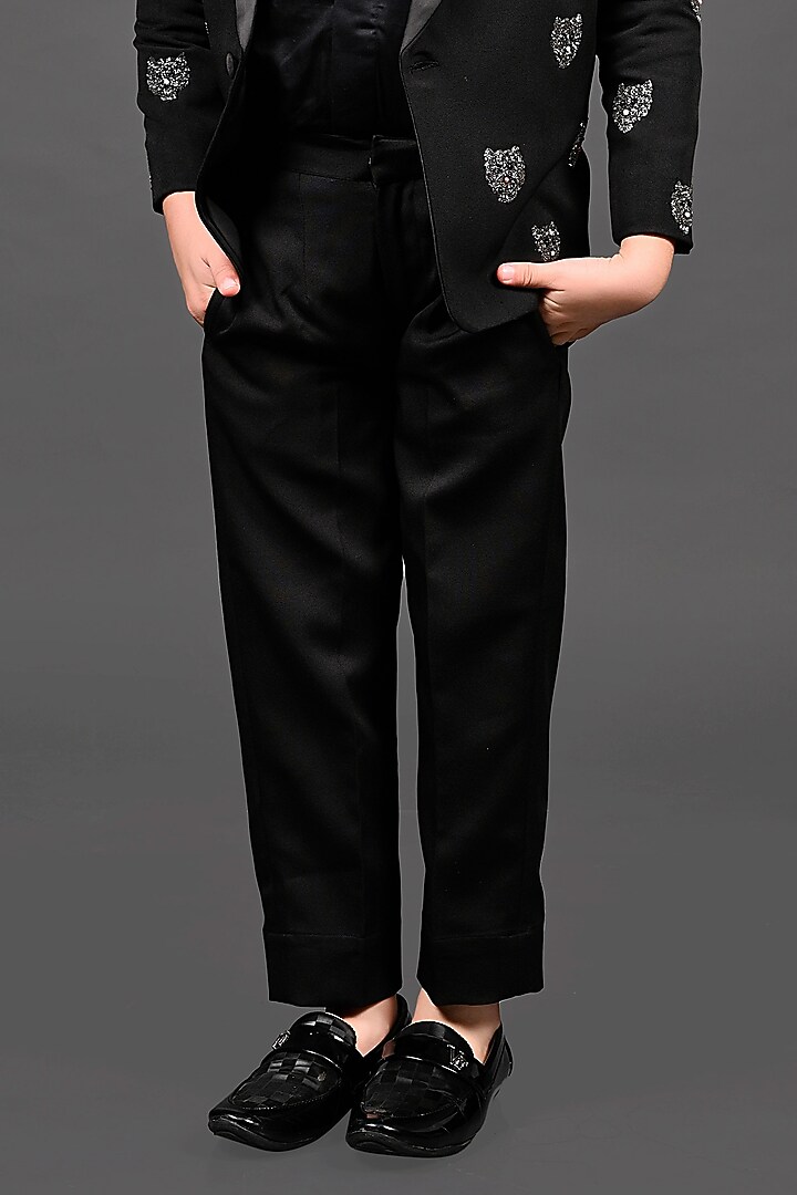 Black Japanese Hand Embroidered Blazer Set For Boys by MISS NAKHREBAAZ at Pernia's Pop Up Shop
