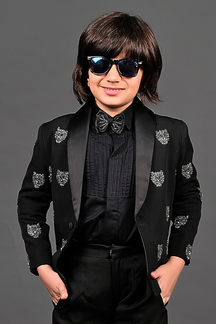 Black Japanese Hand Embroidered Blazer Set For Boys by MISS NAKHREBAAZ at Pernia's Pop Up Shop