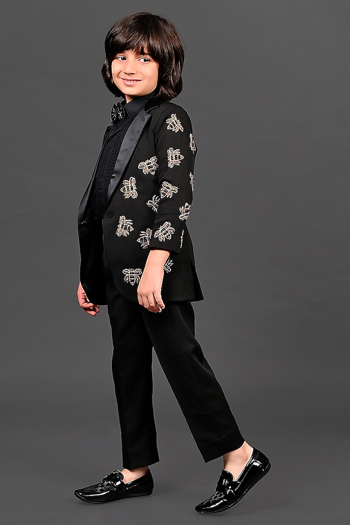 Black Japanese Hand Embroidered Blazer Set For Boys by MISS NAKHREBAAZ