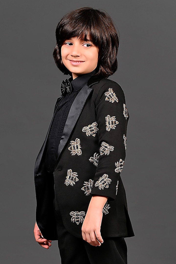 Black Japanese Hand Embroidered Blazer Set For Boys by MISS NAKHREBAAZ at Pernia's Pop Up Shop