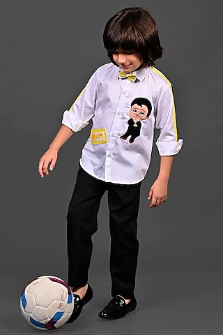 White Cotton Patchwork Shirt For Boys by MISS NAKHREBAAZ