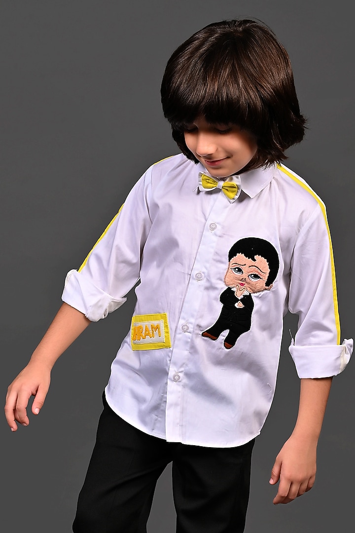 White Cotton Patchwork Shirt For Boys by MISS NAKHREBAAZ at Pernia's Pop Up Shop