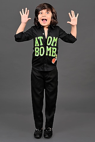 Black Cotton Hand Work Shirt For Boys by MISS NAKHREBAAZ