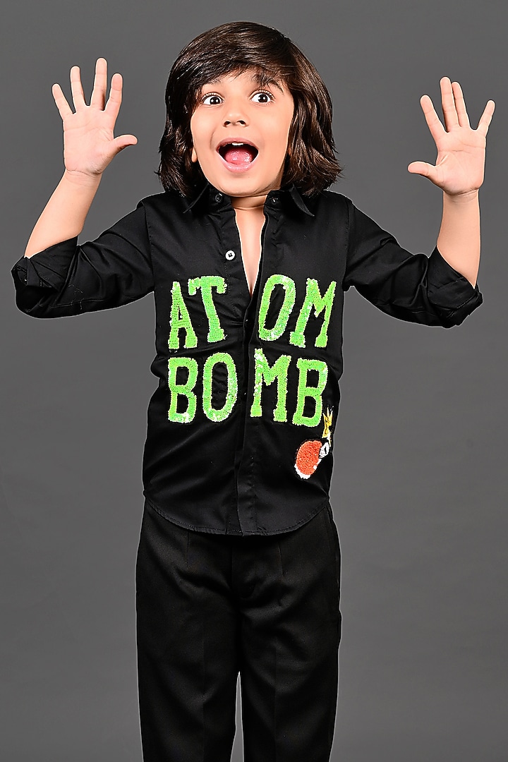 Black Cotton Hand Work Shirt For Boys by MISS NAKHREBAAZ at Pernia's Pop Up Shop