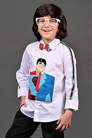 White Cotton Patch Work Shirt For Boys by MISS NAKHREBAAZ