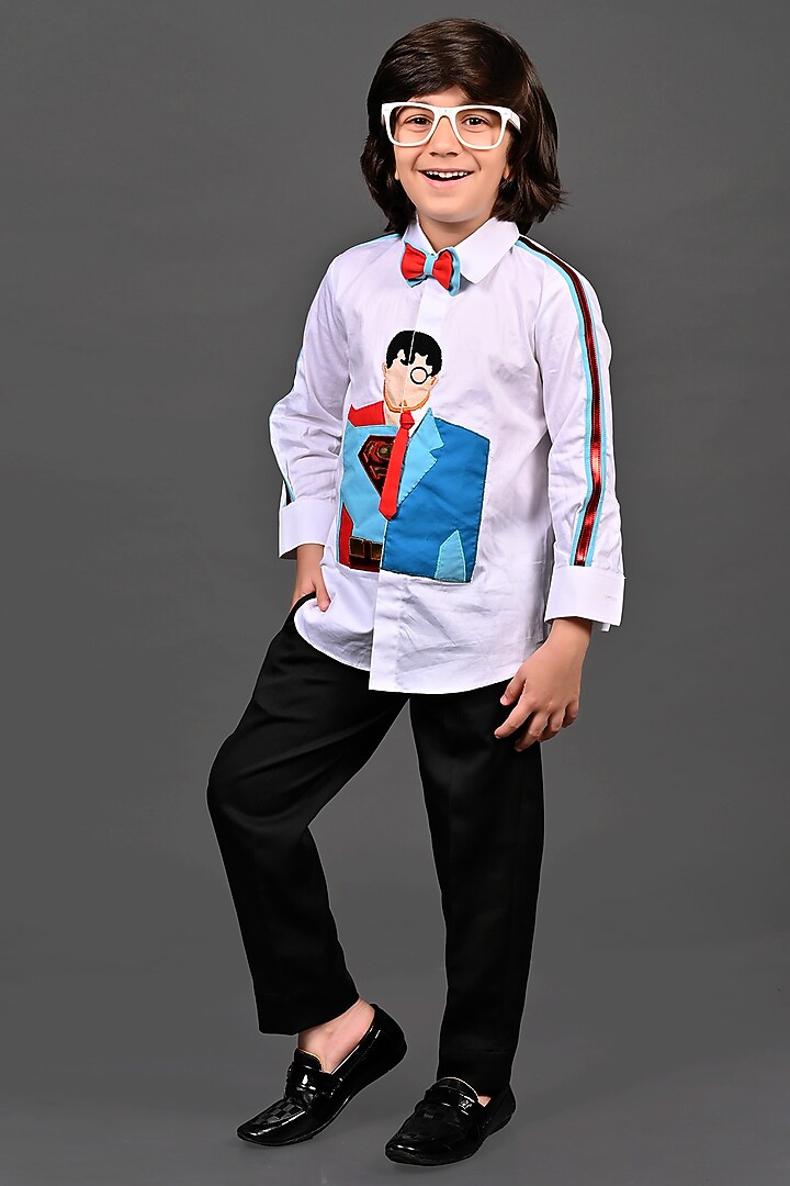 White Cotton Patch Work Shirt For Boys by MISS NAKHREBAAZ at Pernia's Pop Up Shop