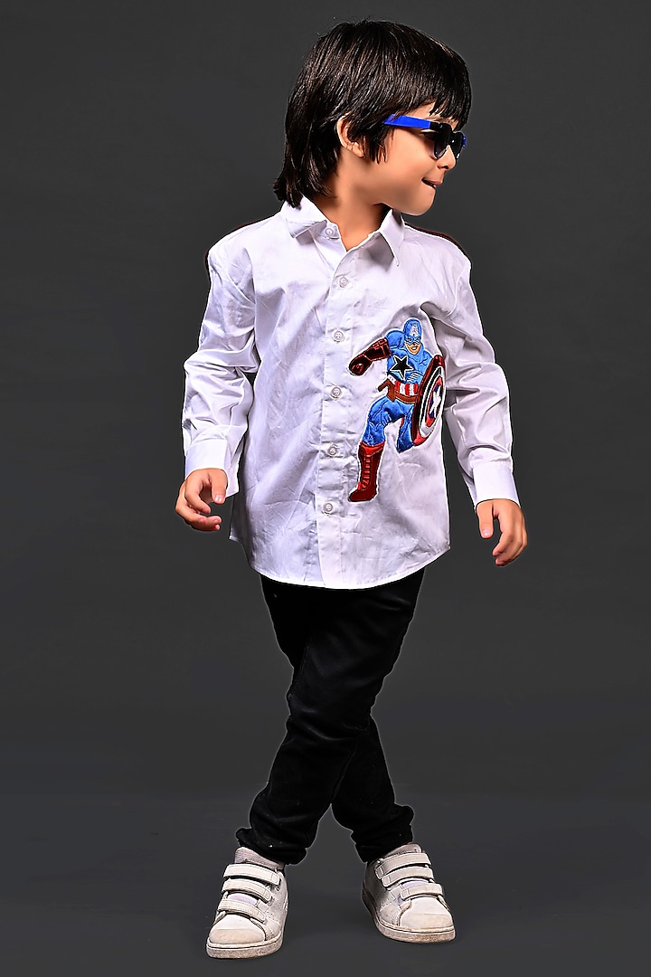 White Cotton Patch Work Shirt For Boys by MISS NAKHREBAAZ