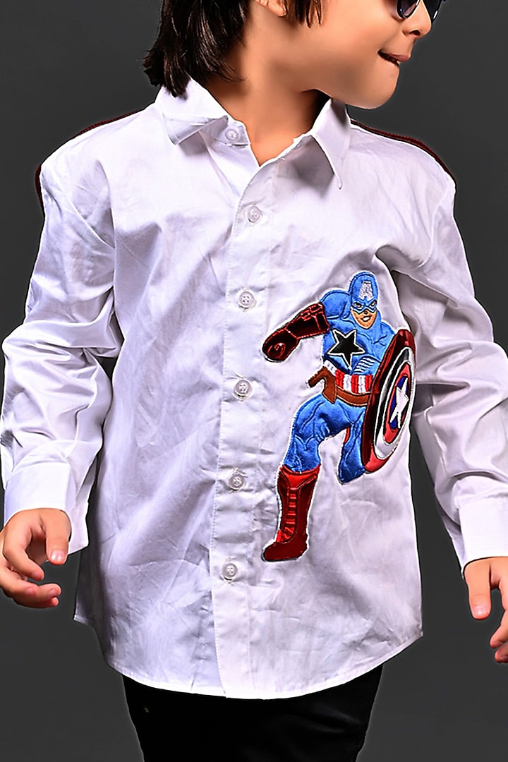 White Cotton Patch Work Shirt For Boys by MISS NAKHREBAAZ at Pernia's Pop Up Shop