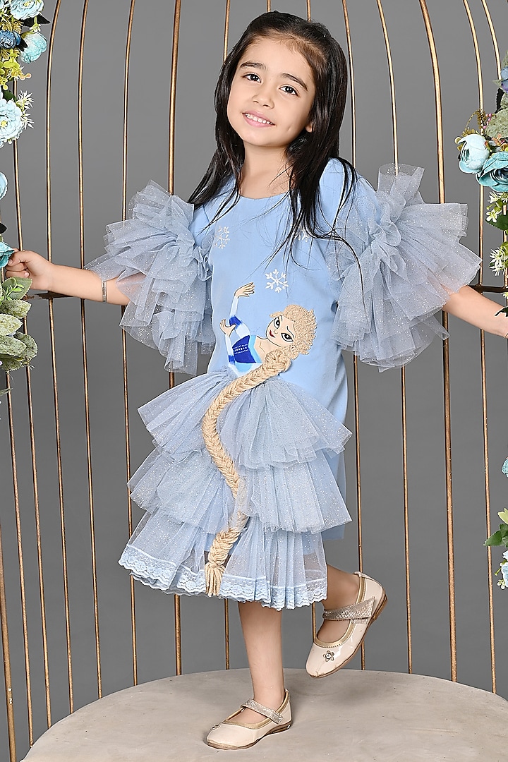 Ice Blue Japanese & Net Hand Embroidered Dress For Girls by MISS NAKHREBAAZ