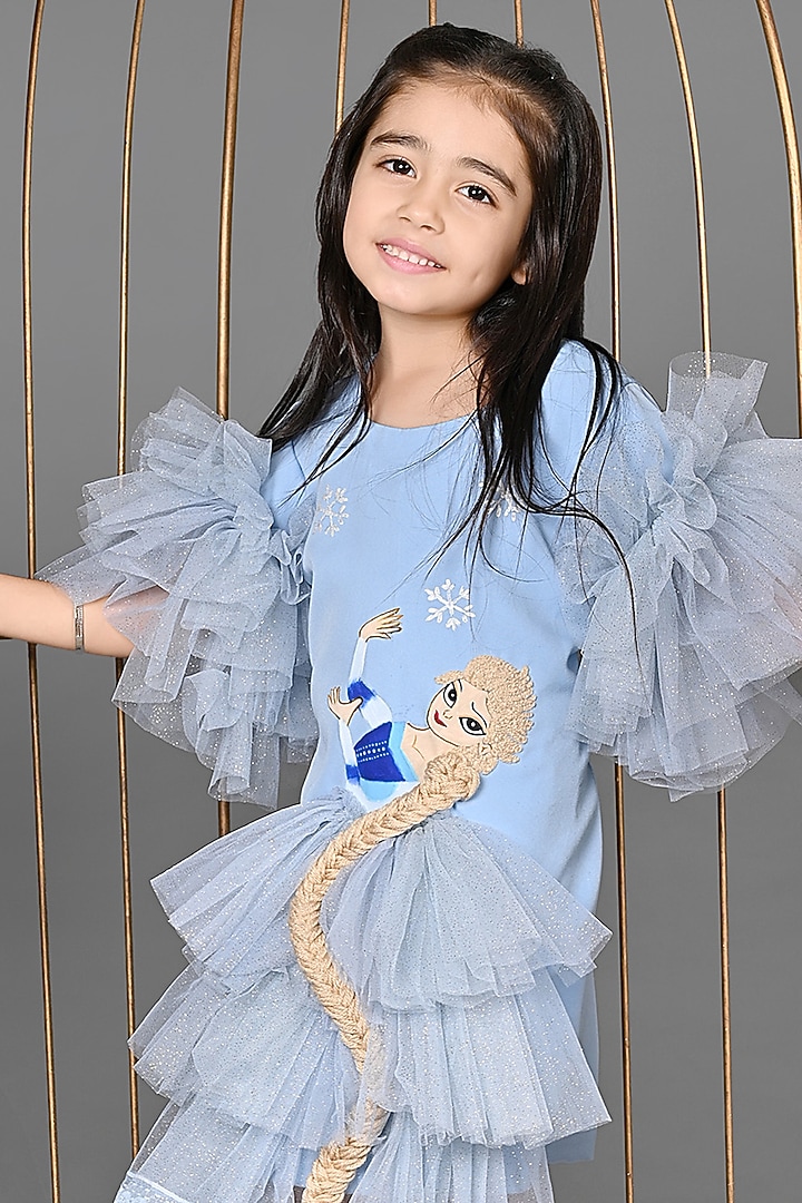 Ice Blue Japanese & Net Hand Embroidered Dress For Girls by MISS NAKHREBAAZ at Pernia's Pop Up Shop