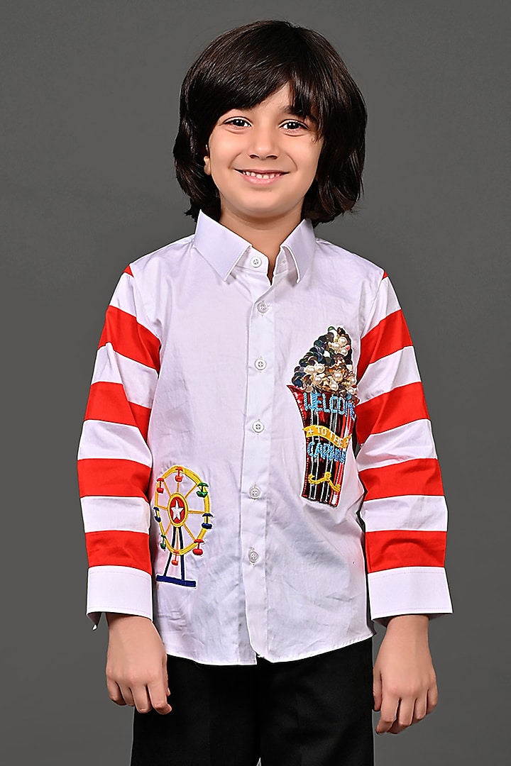 White Cotton Patchwork Shirt For Boys by MISS NAKHREBAAZ
