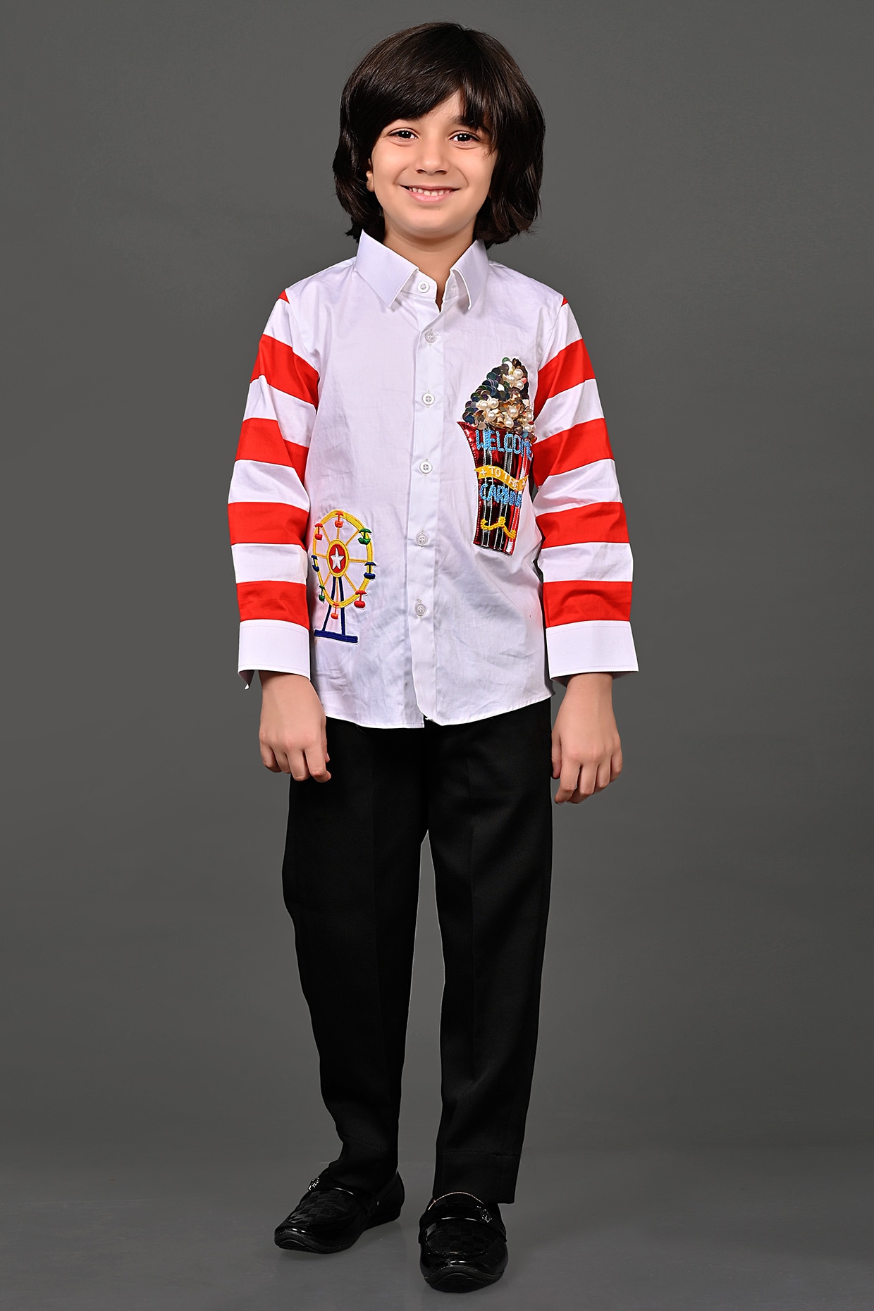 White Cotton Patchwork Shirt For Boys by MISS NAKHREBAAZ at