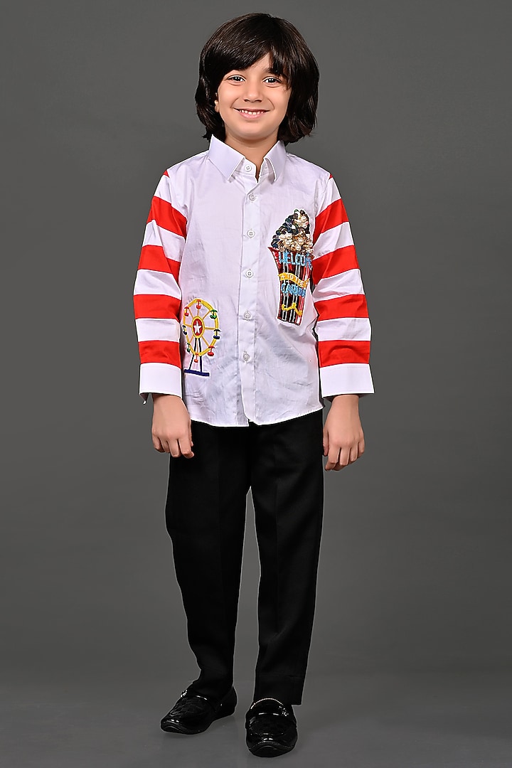 White Cotton Patchwork Shirt For Boys by MISS NAKHREBAAZ at Pernia's Pop Up Shop