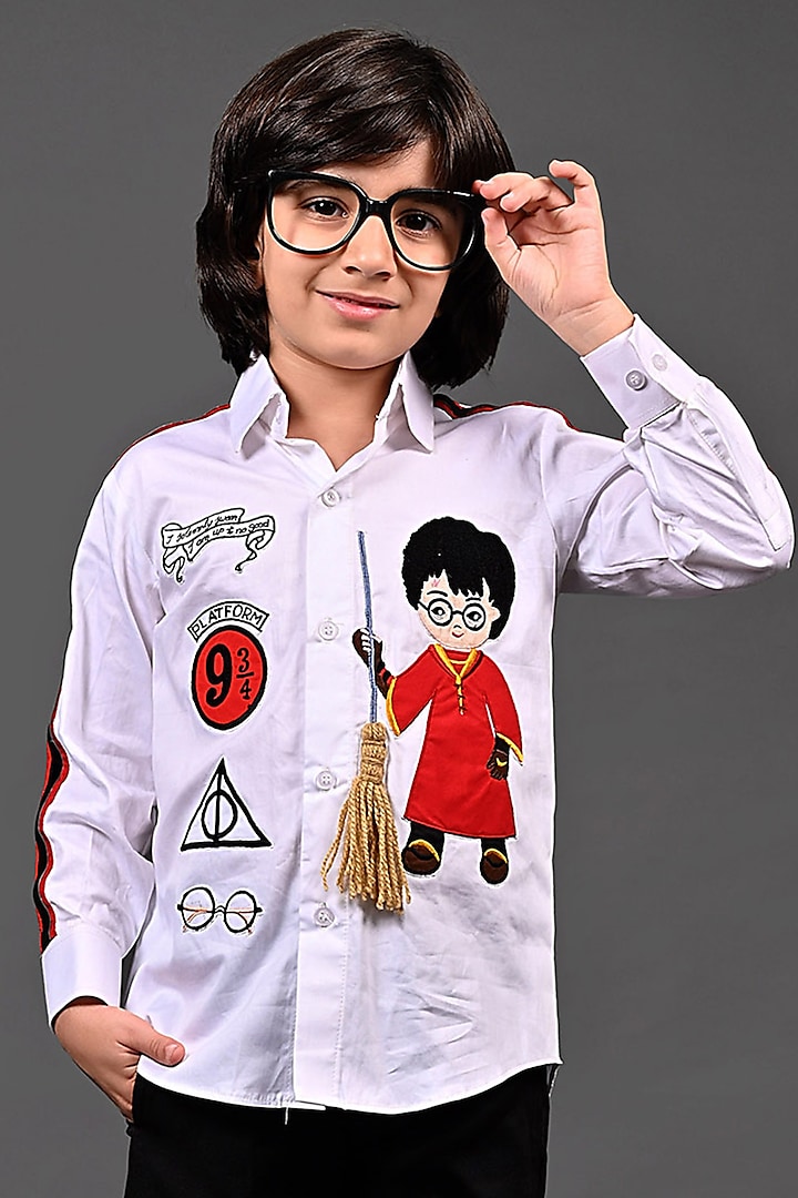 White Cotton Patchwork Striped Shirt For Boys by MISS NAKHREBAAZ