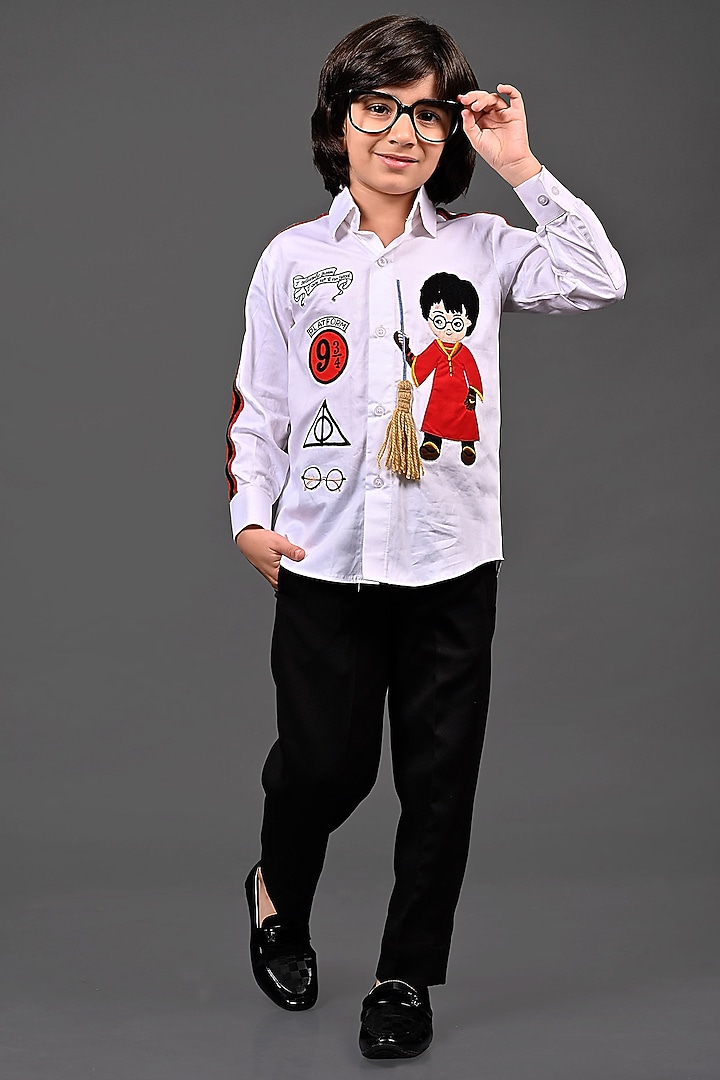 White Cotton Patchwork Striped Shirt For Boys by MISS NAKHREBAAZ at Pernia's Pop Up Shop