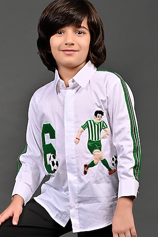 White Cotton Patchwork Shirt For Boys by MISS NAKHREBAAZ