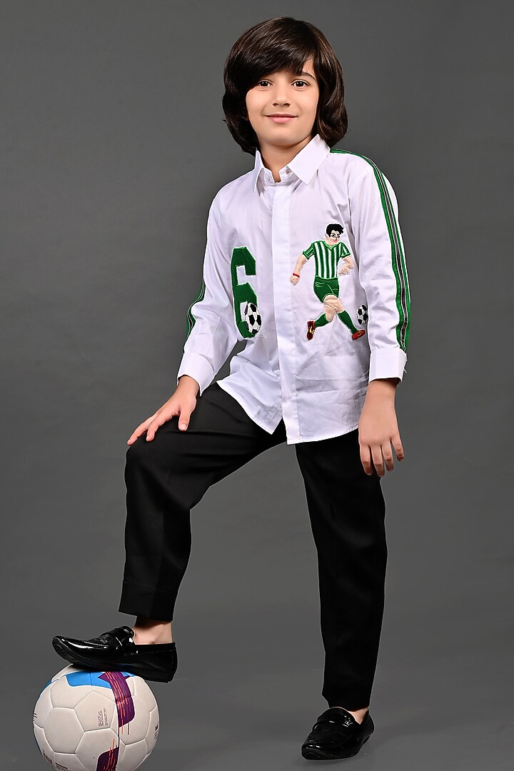 White Cotton Patchwork Shirt For Boys by MISS NAKHREBAAZ at Pernia's Pop Up Shop