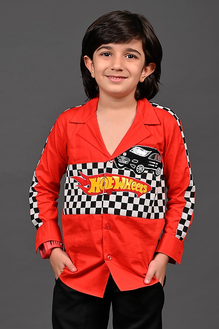 Red Cotton Patch Work Shirt For Boys by MISS NAKHREBAAZ