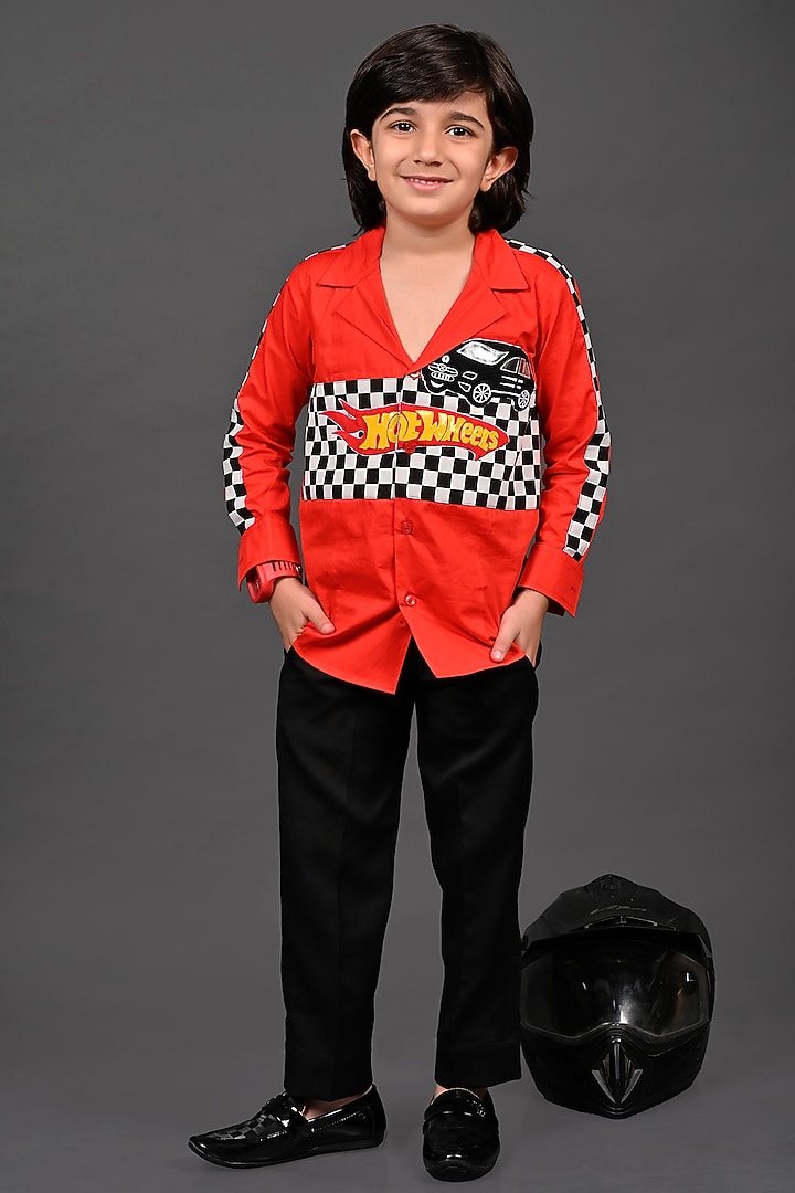 Red Cotton Patch Work Shirt For Boys by MISS NAKHREBAAZ at Pernia's Pop Up Shop