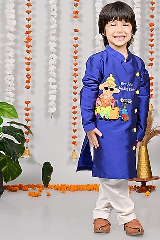 Royal Blue Silk Motif Hand Embroidered Kurta Set For Boys by MISS NAKHREBAAZ