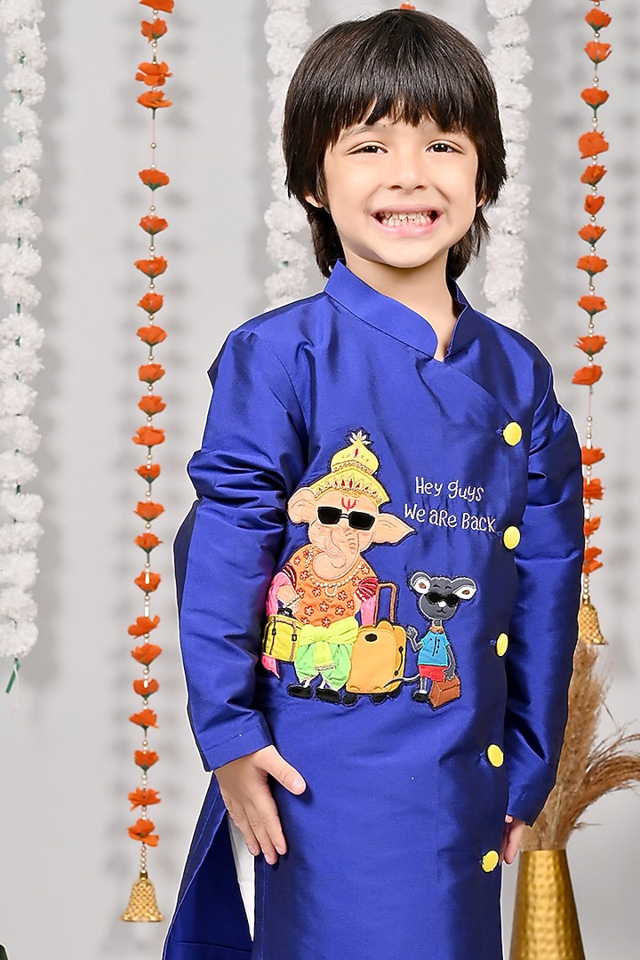 Royal Blue Silk Motif Hand Embroidered Kurta Set For Boys by MISS NAKHREBAAZ at Pernia's Pop Up Shop