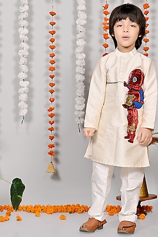 Off-White Silk Motif Hand Embroidered Kurta Set For Boys by MISS NAKHREBAAZ