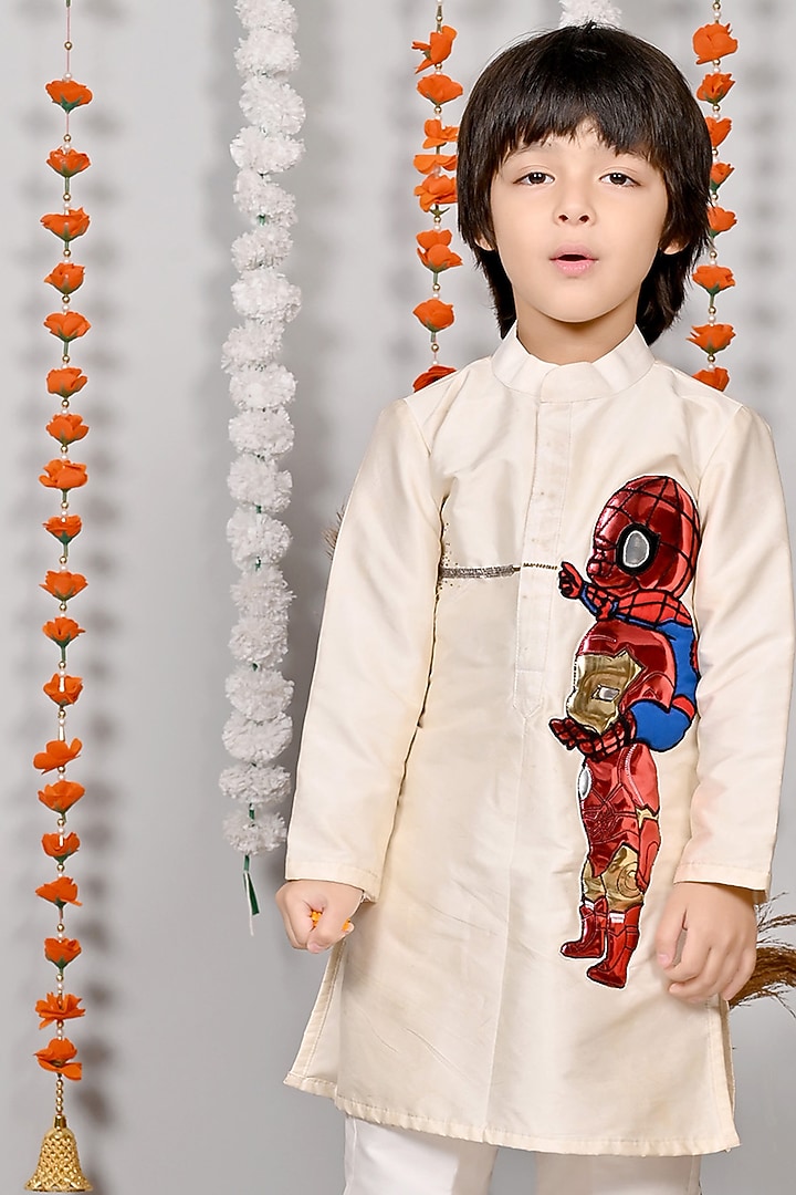 Off-White Silk Motif Hand Embroidered Kurta Set For Boys by MISS NAKHREBAAZ at Pernia's Pop Up Shop