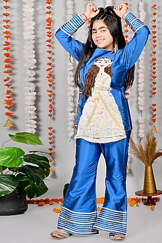 Royal Blue Silk Motif Hand Embroidered Co-Ord Set For Girls by MISS NAKHREBAAZ