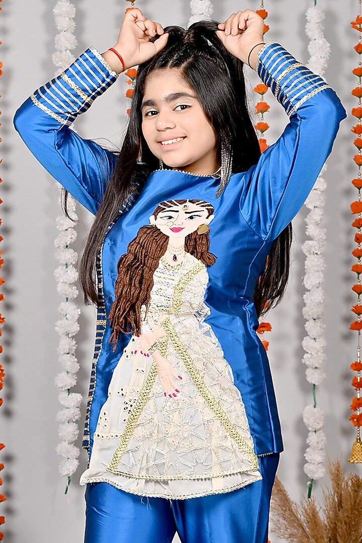 Royal Blue Silk Motif Hand Embroidered Co-Ord Set For Girls by MISS NAKHREBAAZ at Pernia's Pop Up Shop
