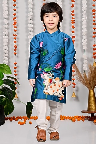 Ocean Blue Silk Motifs Hand Embroidered Kurta Set For Boys by MISS NAKHREBAAZ