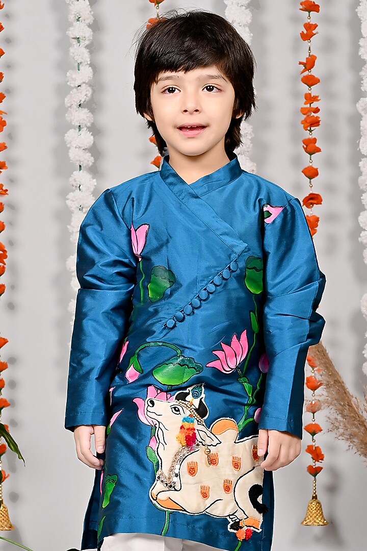 Ocean Blue Silk Motifs Hand Embroidered Kurta Set For Boys by MISS NAKHREBAAZ at Pernia's Pop Up Shop