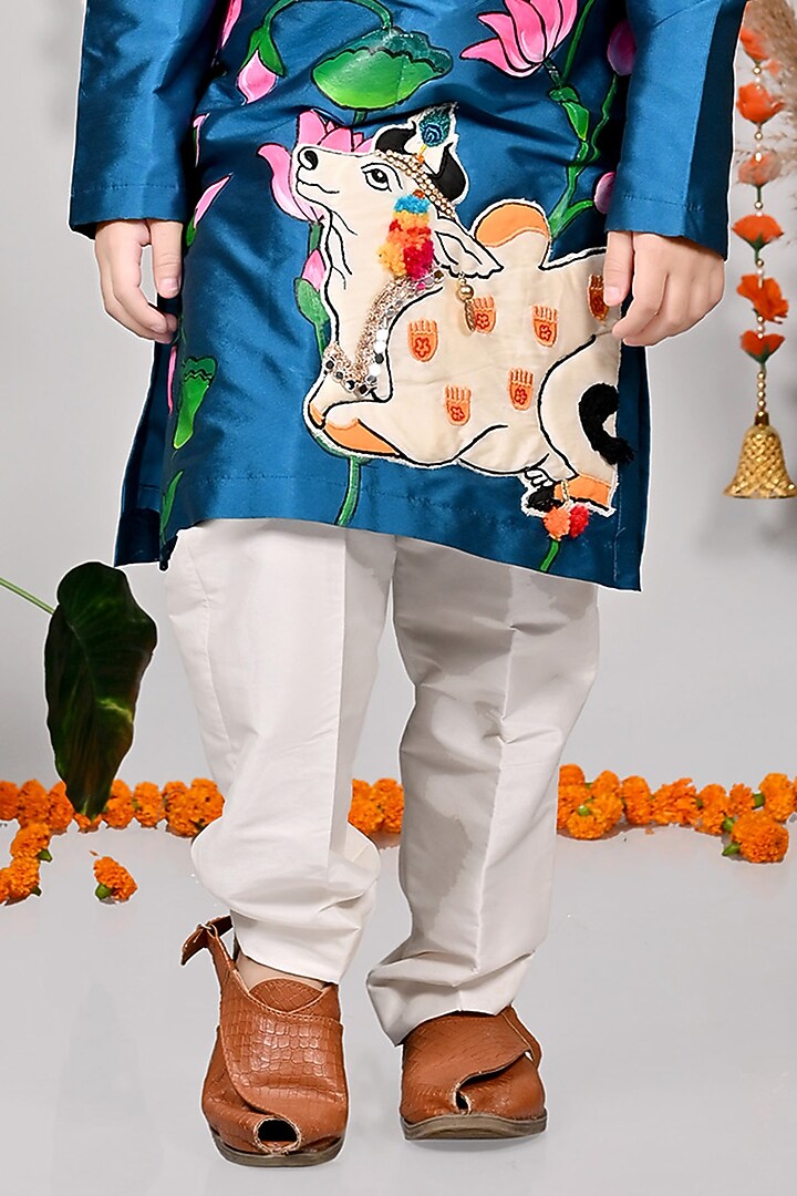 Ocean Blue Silk Motifs Hand Embroidered Kurta Set For Boys by MISS NAKHREBAAZ at Pernia's Pop Up Shop