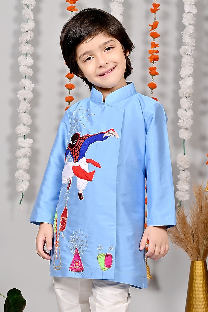 Blue Silk Motifs Hand Embroidered Kurta Set For Boys by MISS NAKHREBAAZ at Pernia's Pop Up Shop
