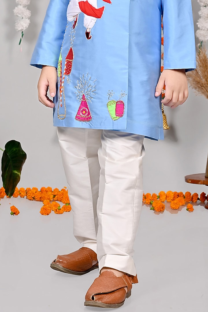 Blue Silk Motifs Hand Embroidered Kurta Set For Boys by MISS NAKHREBAAZ at Pernia's Pop Up Shop
