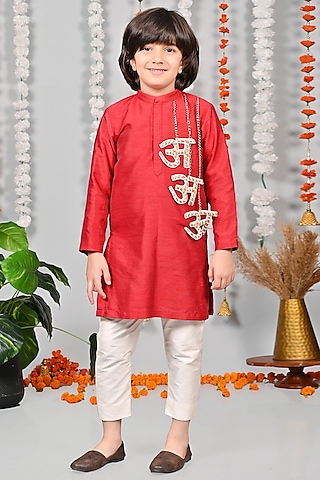 Red Silk Motifs Hand Embroidered Kurta Set For Boys by MISS NAKHREBAAZ