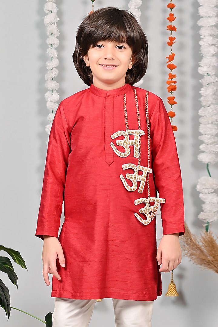 Red Silk Motifs Hand Embroidered Kurta Set For Boys by MISS NAKHREBAAZ at Pernia's Pop Up Shop