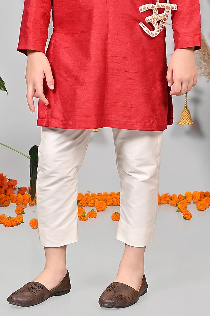 Red Silk Motifs Hand Embroidered Kurta Set For Boys by MISS NAKHREBAAZ at Pernia's Pop Up Shop